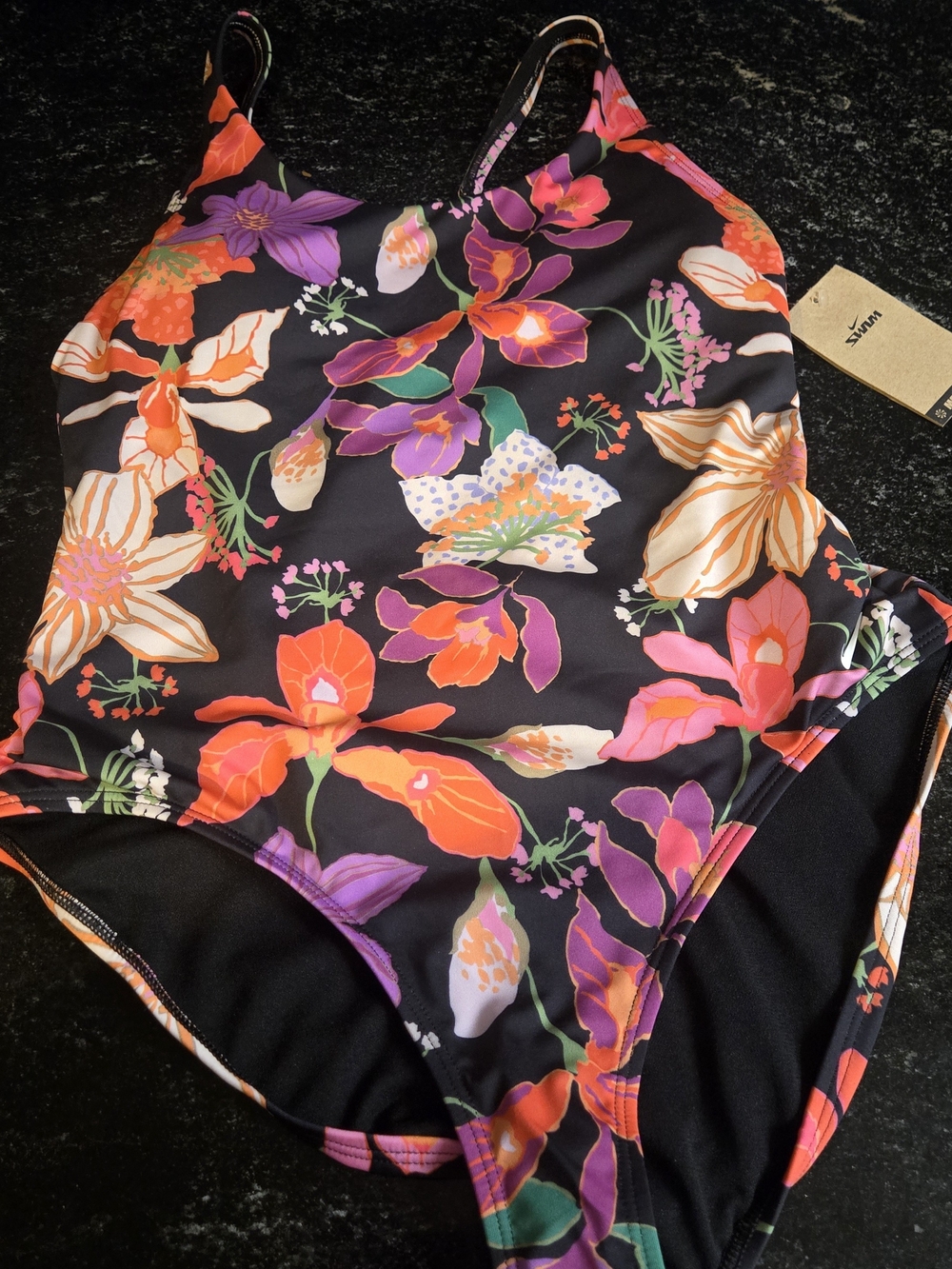 Nike Women's Black Floral One-Piece Swimsuit with Orange, Pink & Purple Flowers